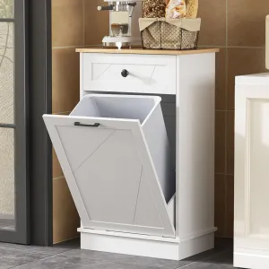 Halitaa Trash Cabinet Double Tit Out Trash Bin, Dog Proof Hideaway Tilt Out Can Holder with Two Drawers, Free Standing Recycling for Kitchen Living Room White