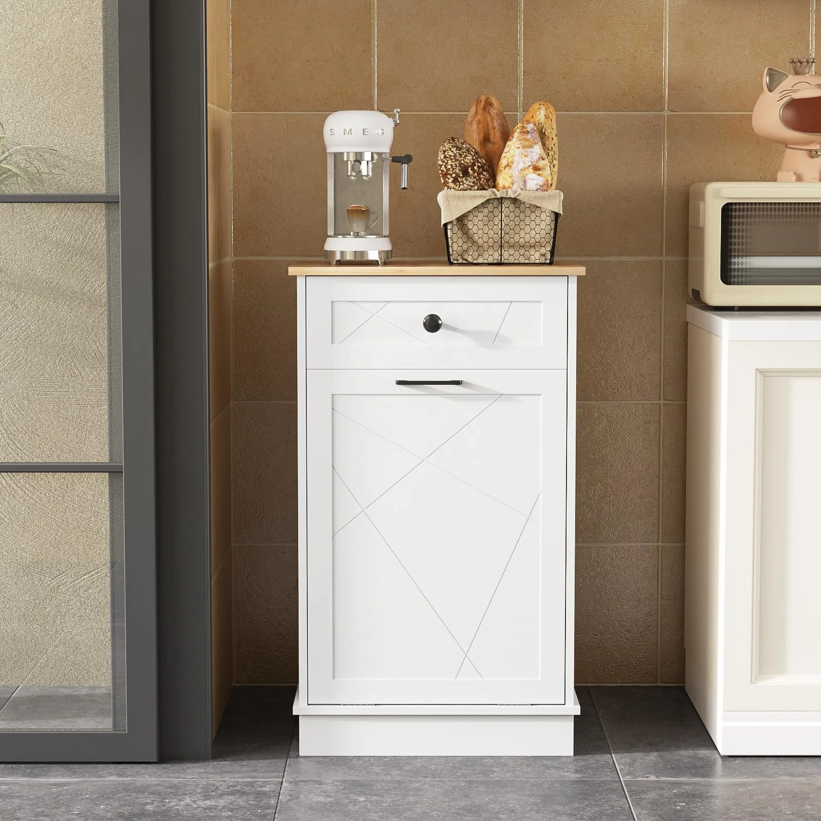 Halitaa Trash Cabinet Double Tit Out Trash Bin, Dog Proof Hideaway Tilt Out Can Holder with Two Drawers, Free Standing Recycling for Kitchen Living Room White