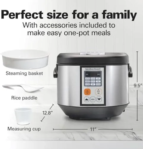 Hamilton Beach Digital Programmable Rice and Slow Cooker & Food Steamer, 20 Cups Cooked (10 Cups Uncooked), 12 Pre-Programmed Settings for Sauté, Hot Cereal, Soup, Nonstick Pot, Stainless Steel (37523)