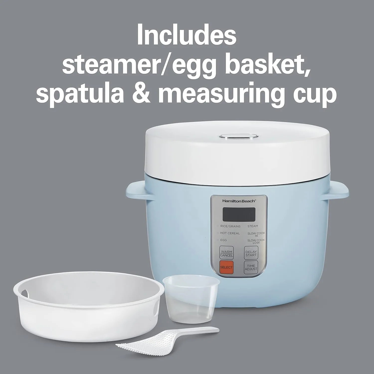 Hamilton Beach Digital Programmable Rice Cooker & Food Steamer,12 Cups Cooked (6 Uncooked), with Slow Cook & Hard-Boiled Egg Functions, Steam & Rinse Basket, Blue (37561)