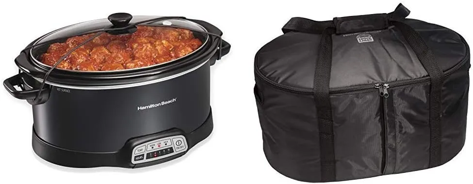 Hamilton Beach Portable 7-Quart Programmable Slow Cooker With Lid Latch Strap, Black (33474) & Hamilton Beach Travel Case & Carrier Insulated Bag for 4, 5, 6, 7 & 8 Quart Slow Cookers (33002),Black
