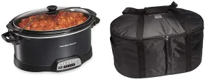 Hamilton Beach Portable 7-Quart Programmable Slow Cooker With Lid Latch Strap, Black (33474) & Hamilton Beach Travel Case & Carrier Insulated Bag for 4, 5, 6, 7 & 8 Quart Slow Cookers (33002),Black