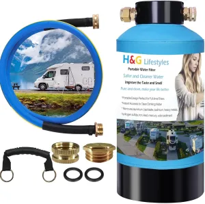 H&G lifestyles ‎Portable Water Filter for RV Water Filtration System KDF Carbon Reduce Bad Taste Odor Chlorine Sediment with 3/4" Brass Adapter Water Hose for Drinking Camping