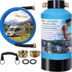 H&G lifestyles Portable Water Softener for RV with Water Hose,5A Food-Grade 3/4" Brass Fittings 2600 Gallons Softens Hard Water Filtration System for Trailers Boats Mobile Car Washing