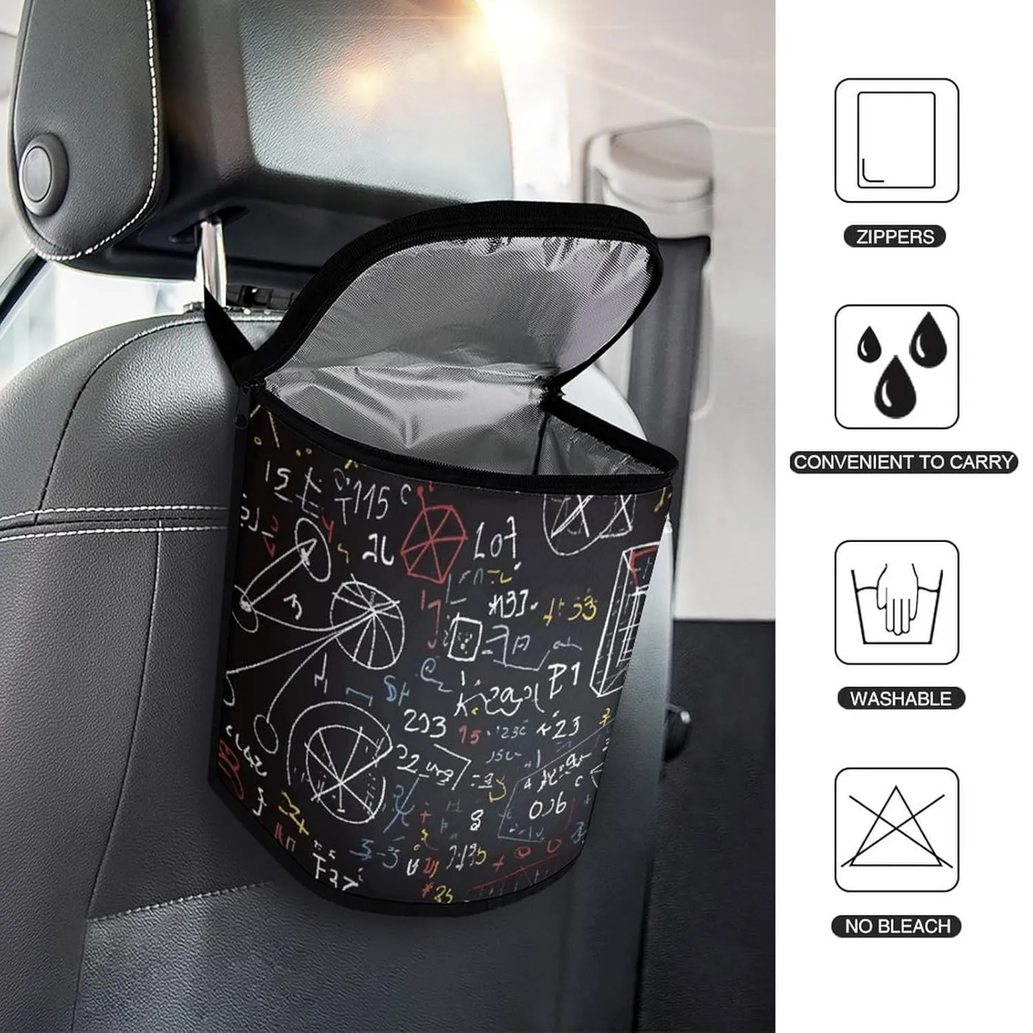 Hanging Car Trash Bag Protable Trash Can Mathematics and Physics Waterproof Garbage Bin for Car