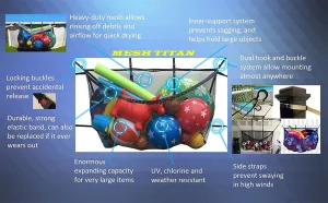 haozaikeji Swimming Pool Storage Net Bag Large Capacity Hanging Mesh Pool Bag Float Storage Organizer, Foldable Easy Cleaning Dries Fast