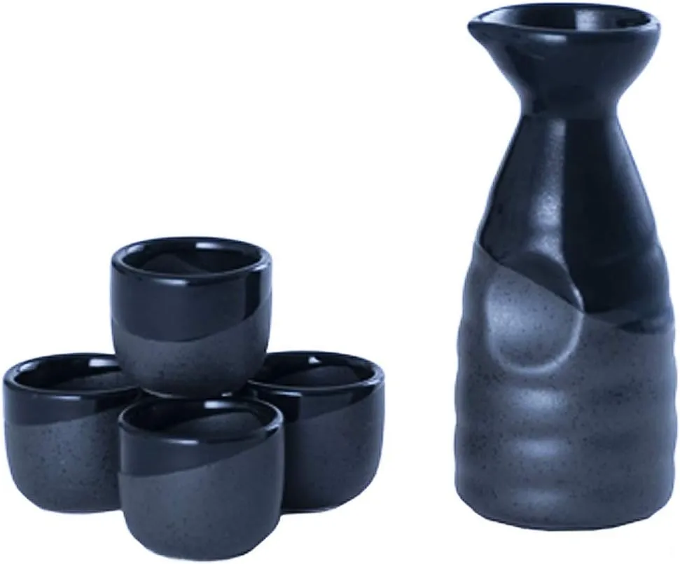 Happy Sales HSSS-BKONBK, Perfect 5 pc Japanese Design Ceramic Sake set, Black on Black