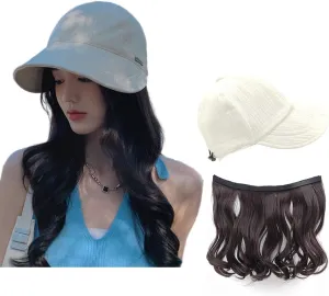 Hat Wig,with Hair Attached for Women,Sun Popular Cap with Wig,Long Wavy Hair Extensions Wig,for Spring and Summer