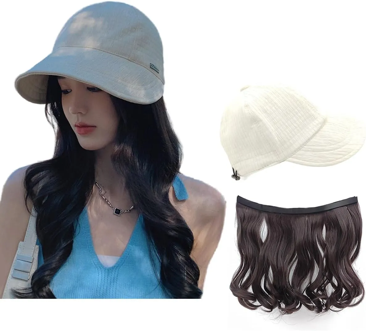 Hat Wig,with Hair Attached for Women,Sun Popular Cap with Wig,Long Wavy Hair Extensions Wig,for Spring and Summer
