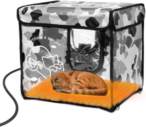 Heated Cat House Outdoor with Two Exits,Insulated and Waterproof, Outside Weatherproof Cat Shelter for Feral,Stray Cats in Winter (Camouflage, S)