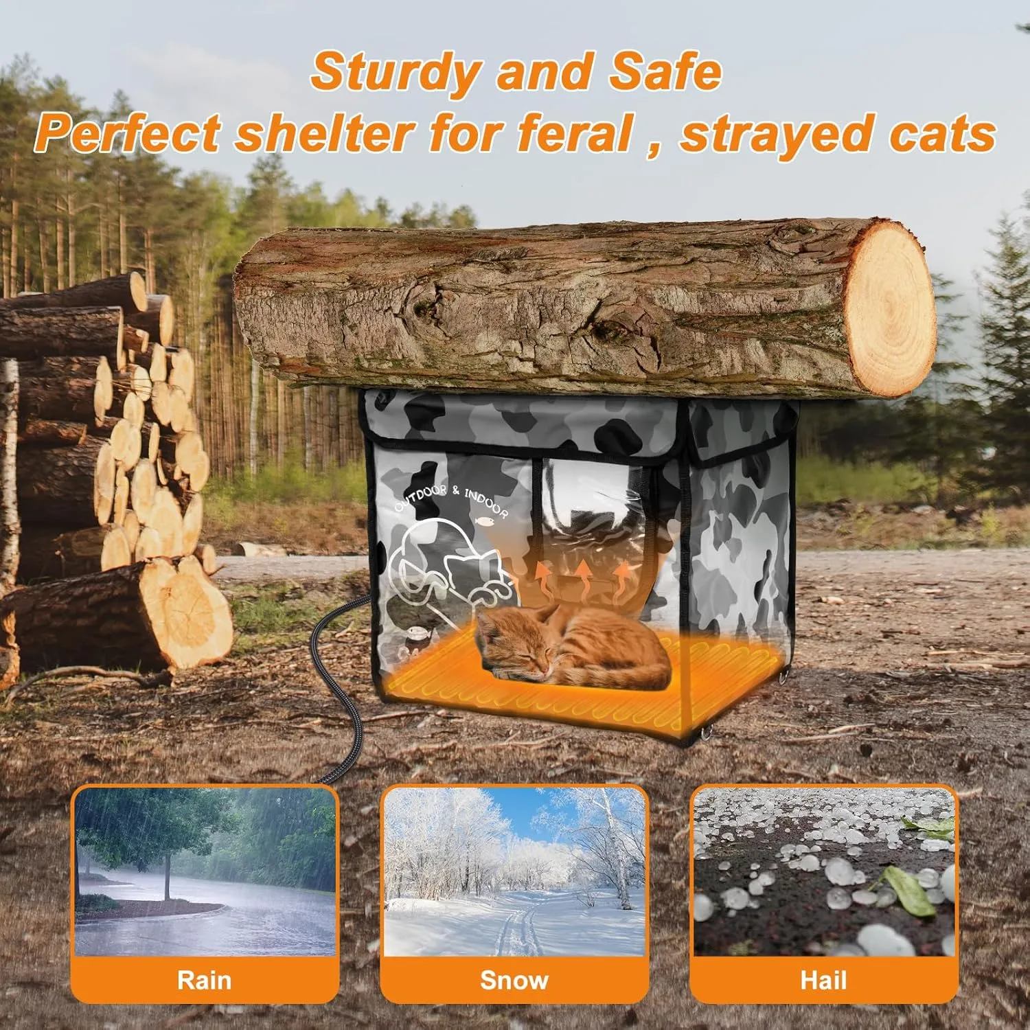 Heated Cat House Outdoor with Two Exits,Insulated and Waterproof, Outside Weatherproof Cat Shelter for Feral,Stray Cats in Winter (Camouflage, S)