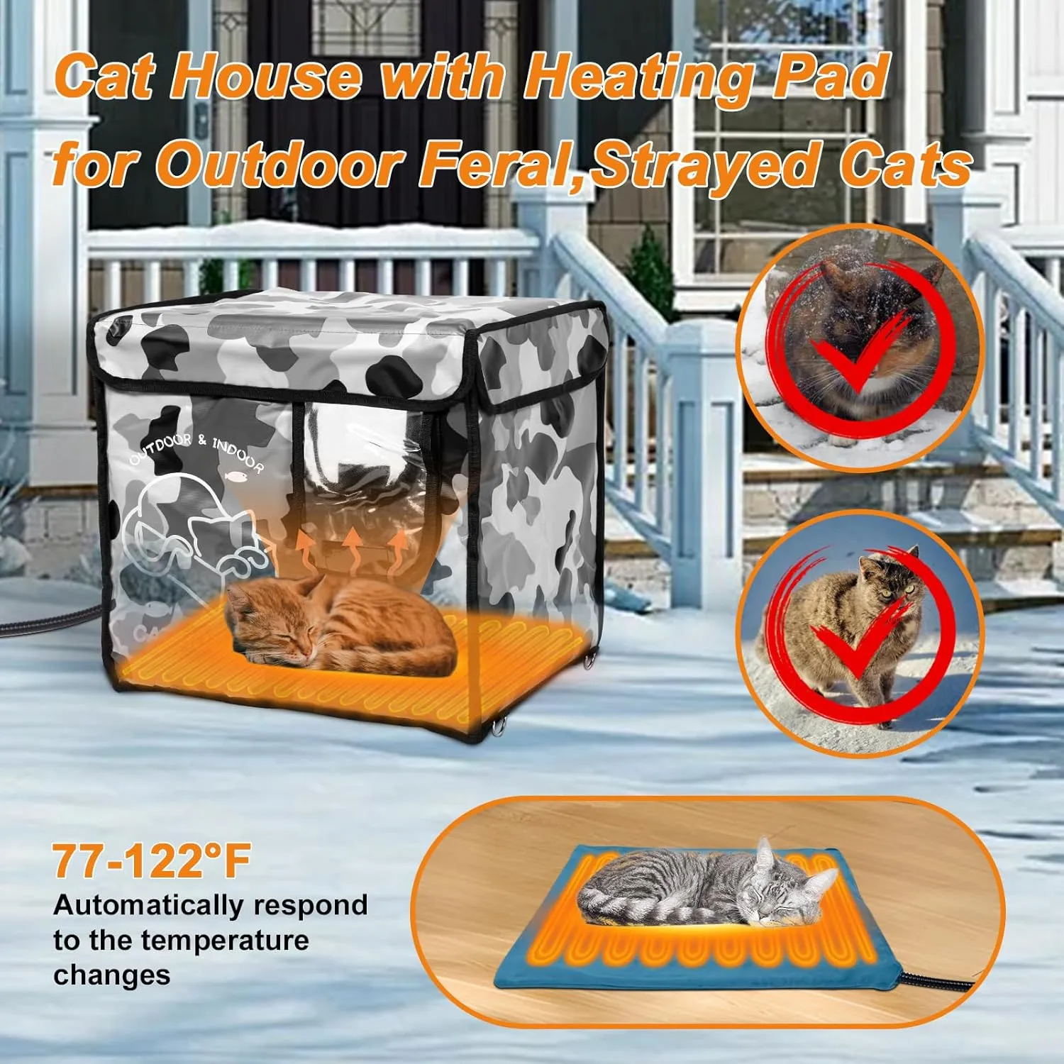 Heated Cat House Outdoor with Two Exits,Insulated and Waterproof, Outside Weatherproof Cat Shelter for Feral,Stray Cats in Winter (Camouflage, S)