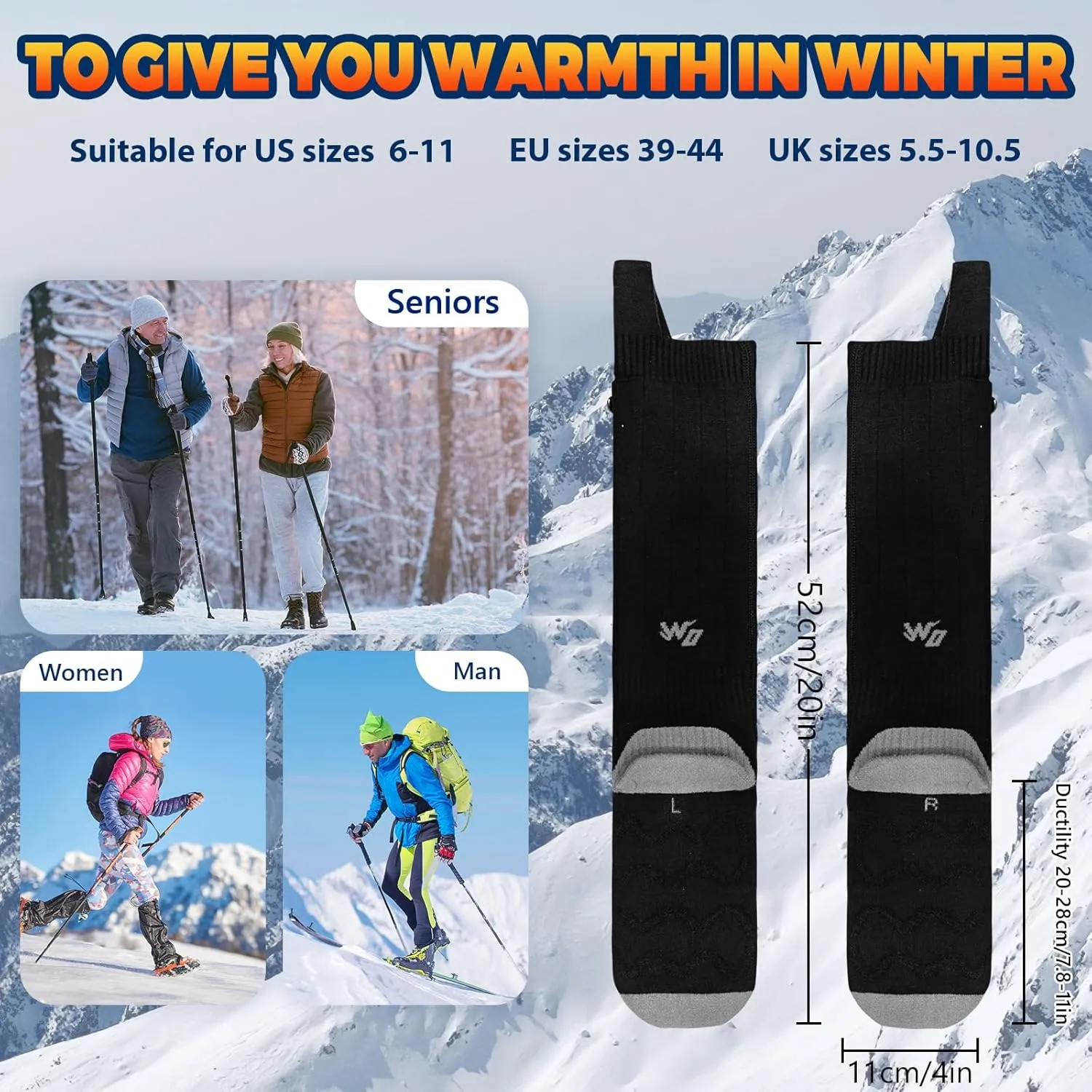 Heated Socks for Men Women, New Rechargeable Heated Socks, 5000mAh Extra Large Battery, Long Life Up to 65 °C Large Heating Area, Foot Warmer for Outdoor Skiing