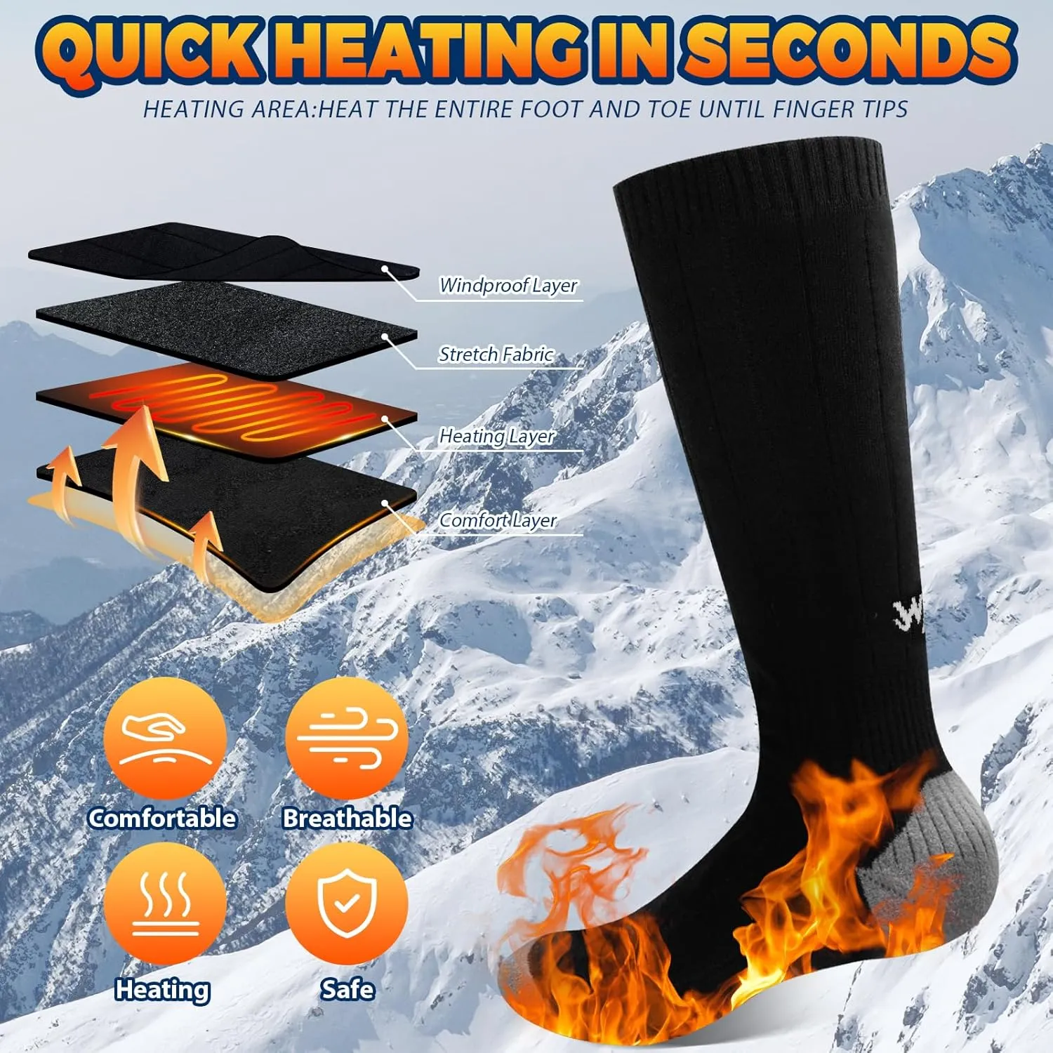 Heated Socks for Men Women, New Rechargeable Heated Socks, 5000mAh Extra Large Battery, Long Life Up to 65 °C Large Heating Area, Foot Warmer for Outdoor Skiing