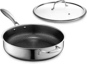 HexClad Hybrid Nonstick 4.5-Quart Deep Sauté Pan with Tempered Glass Lid, Stay-Cool Handle, Dishwasher-Friendly, Oven-Safe Up to 900°F, Induction-Ready, Compatible with All Cooktops