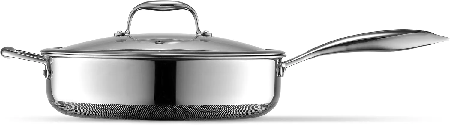 HexClad Hybrid Nonstick 4.5-Quart Deep Sauté Pan with Tempered Glass Lid, Stay-Cool Handle, Dishwasher-Friendly, Oven-Safe Up to 900°F, Induction-Ready, Compatible with All Cooktops