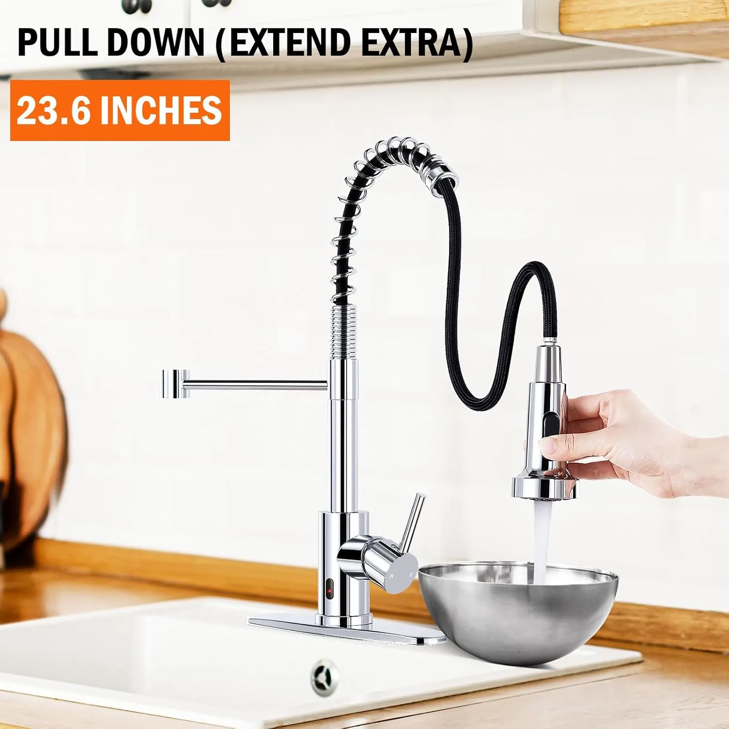 HGN Touchless Kitchen Faucet with Pull Down Sprayer, Motion Spring Sink Faucets with 10'' Deck Plate,Single Handle Spring Kitchen Sink Faucet (Chrome)