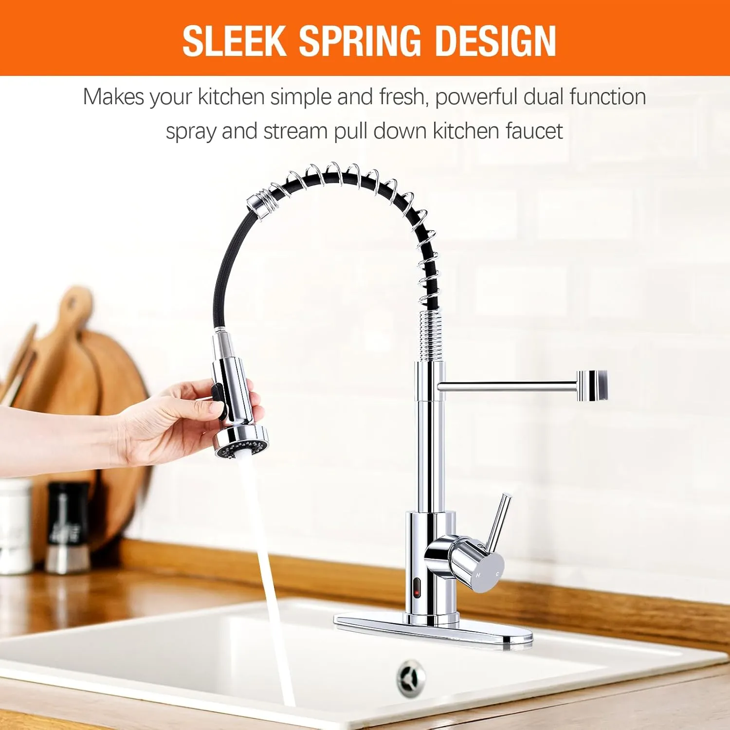 HGN Touchless Kitchen Faucet with Pull Down Sprayer, Motion Spring Sink Faucets with 10'' Deck Plate,Single Handle Spring Kitchen Sink Faucet (Chrome)