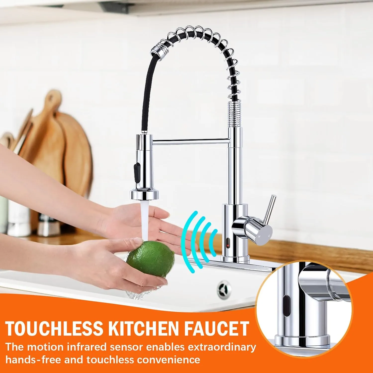 HGN Touchless Kitchen Faucet with Pull Down Sprayer, Motion Spring Sink Faucets with 10'' Deck Plate,Single Handle Spring Kitchen Sink Faucet (Chrome)
