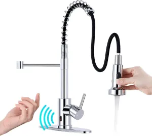HGN Touchless Kitchen Faucet with Pull Down Sprayer, Motion Spring Sink Faucets with 10'' Deck Plate,Single Handle Spring Kitchen Sink Faucet (Chrome)