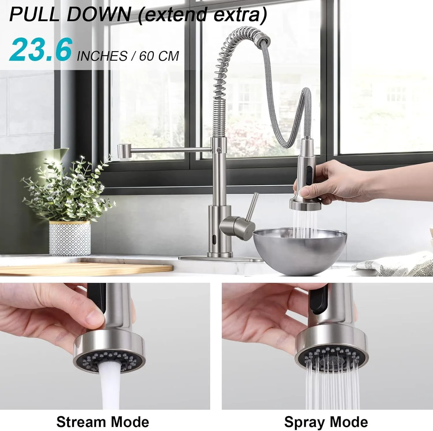 HGN Touchless Kitchen Faucet with Pull Down Sprayer, Motion Spring Sink Faucets with 10'' Deck Plate,Single Handle Spring Kitchen Sink Faucet,Brush Nickel