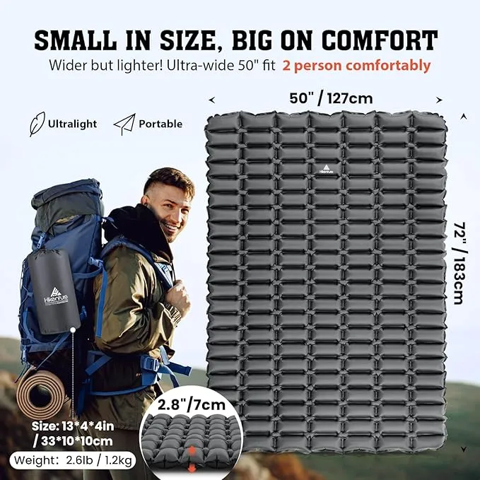 Hikenture Double Sleeping Pad,Ultralight Camping Mattress 2 Person,Backpacking Pad with Pump Sack,Inflatable Air Mat for Tent(1037-B2)