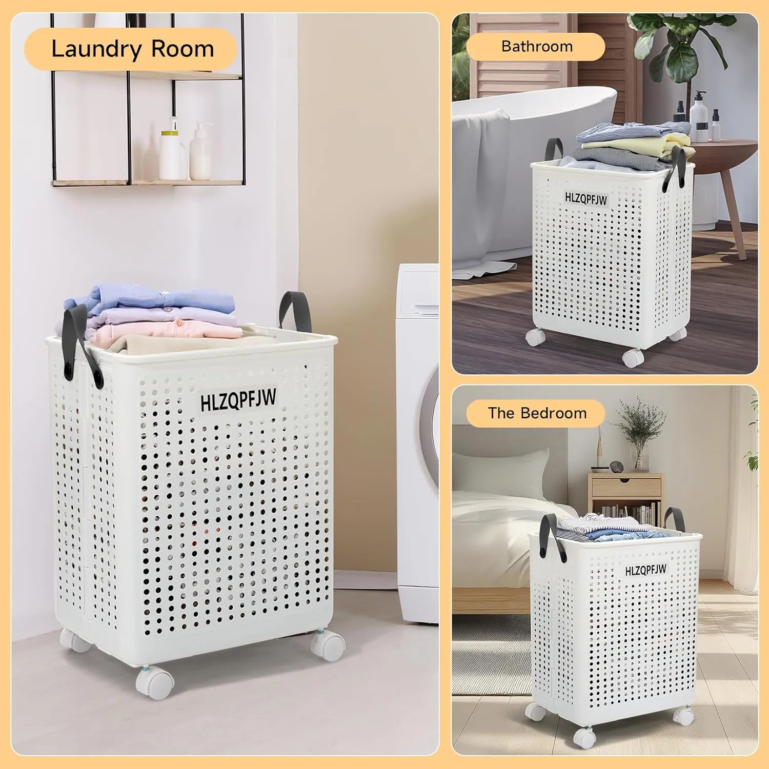 HLZQPFJWcollapsible laundry baskets,laundry basket with wheels,laundry hamper with wheels,dorm laundry hamper,laundry basket plastic，35, 50, 60 liter large capacity (White, Large)