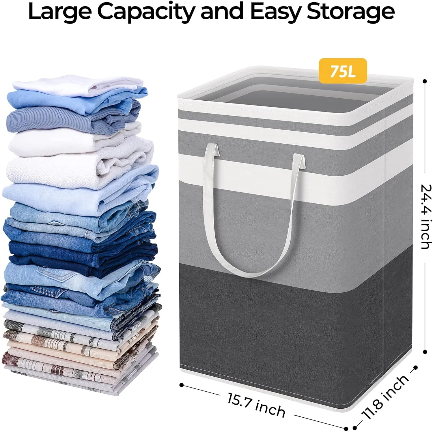 HomeHacks 3-Pack Large Laundry Basket,75L Each Waterproof, Freestanding Laundry Hamper, Collapsible Tall Clothes Hamper with Extended Handles for Clothes Toys in the Dorm and Family-Gradient Grey