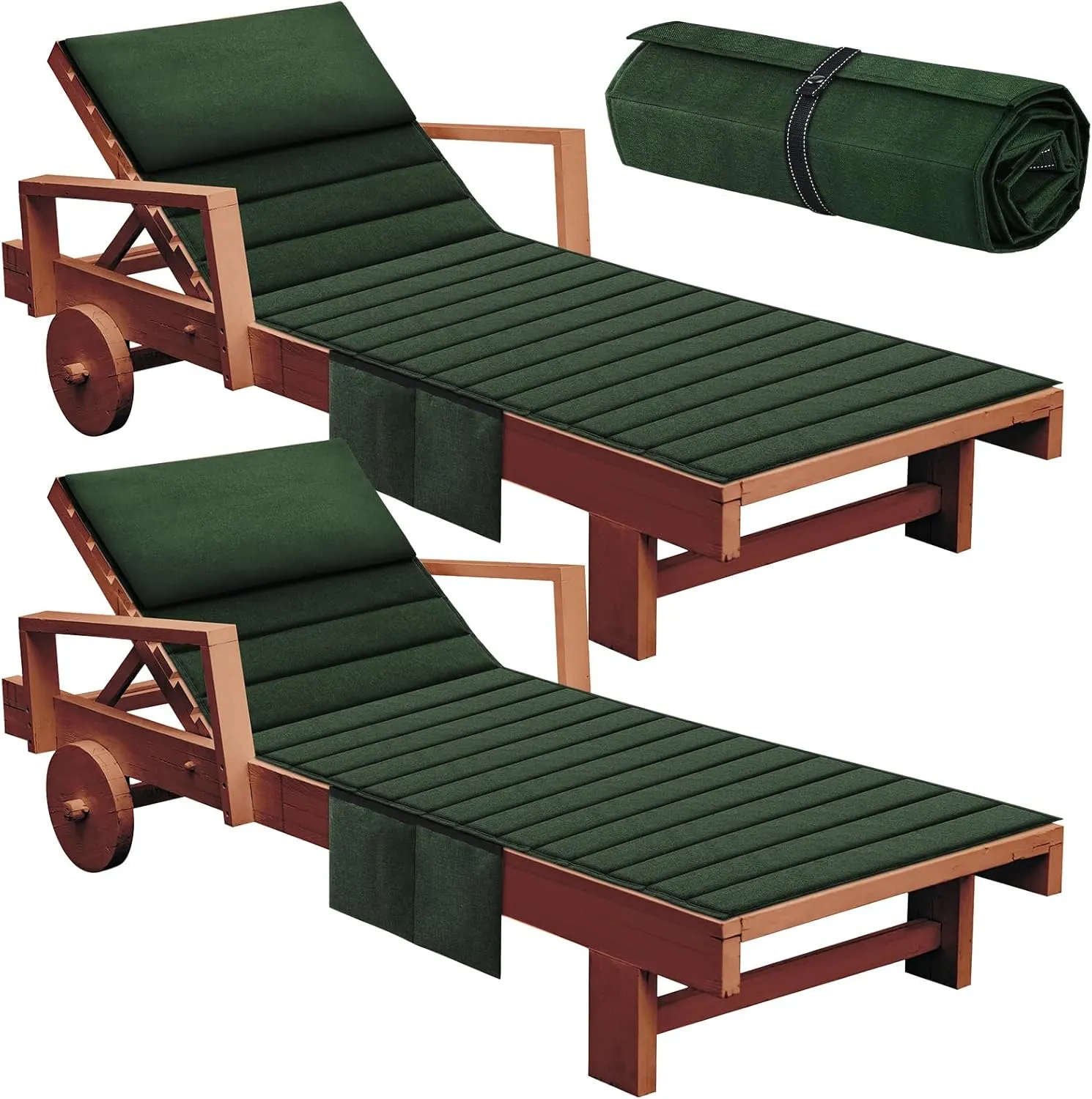 Hoolerry 2Pcs Folding Chaise Lounge Cushion Outdoor 72'' x 21'' Waterproof Lounge Chair Cushion with Headrest and Pocket Patio Recliner for Pool, No Chair (Green)