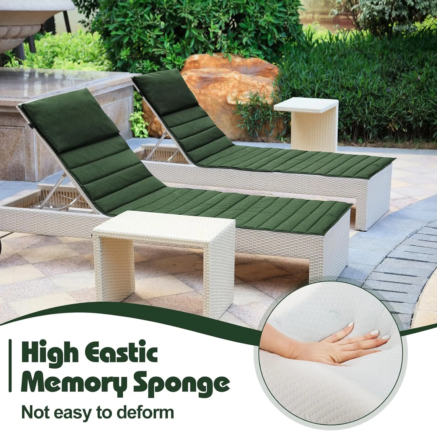 Hoolerry 2Pcs Folding Chaise Lounge Cushion Outdoor 72'' x 21'' Waterproof Lounge Chair Cushion with Headrest and Pocket Patio Recliner for Pool, No Chair (Green)