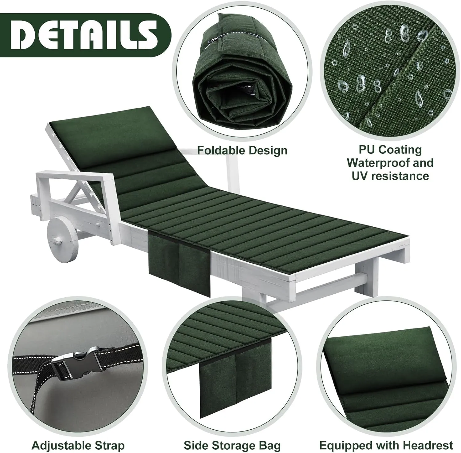 Hoolerry 2Pcs Folding Chaise Lounge Cushion Outdoor 72'' x 21'' Waterproof Lounge Chair Cushion with Headrest and Pocket Patio Recliner for Pool, No Chair (Green)