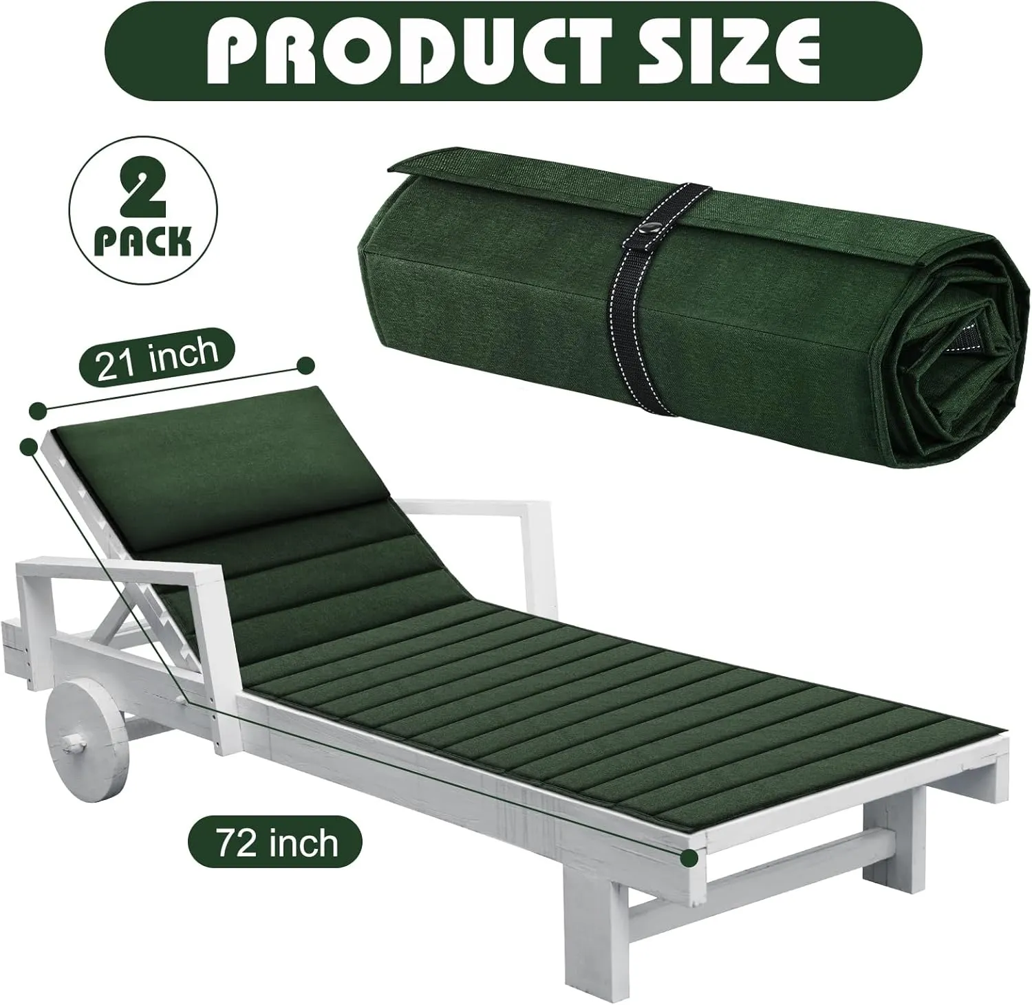 Hoolerry 2Pcs Folding Chaise Lounge Cushion Outdoor 72'' x 21'' Waterproof Lounge Chair Cushion with Headrest and Pocket Patio Recliner for Pool, No Chair (Green)