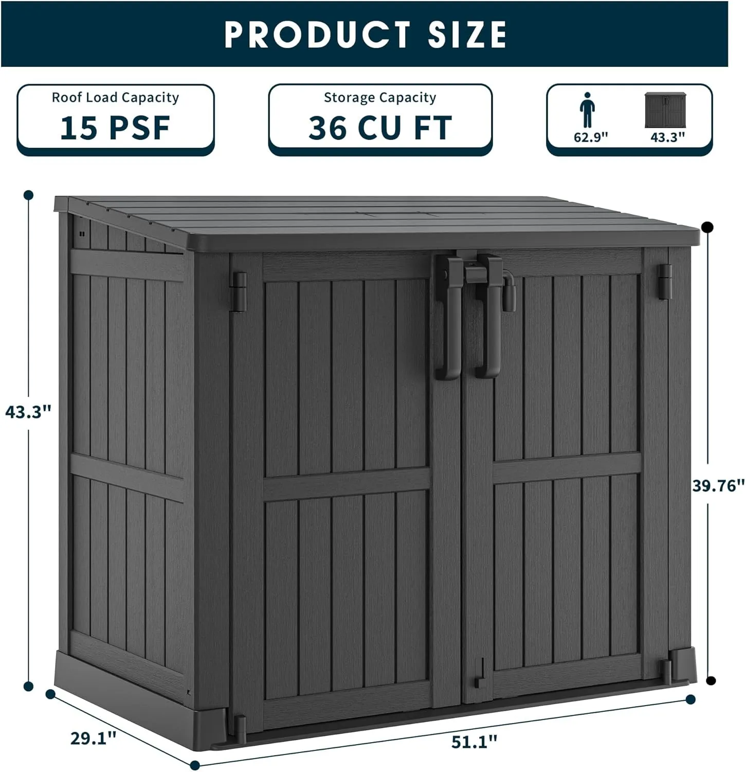 Horizontal Storage Shed, Outdoor Resin Storage Shed 36 Cu. Ft. Garden Extra Large Capacity Weather Resistant Storage Box, Lockabl Waterproof Shed for Garbage Cans, Garden Tools,Black