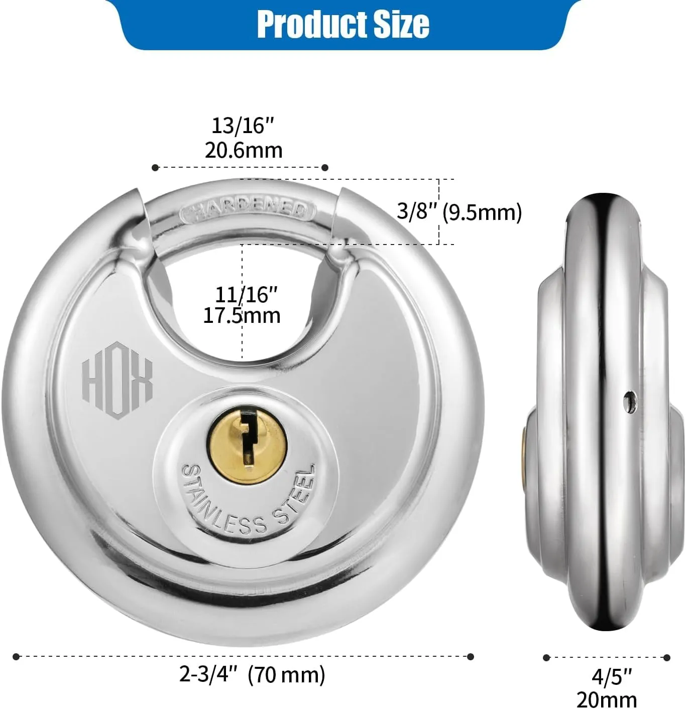 HOX Keyed Disc Padlock, Stainless Steel Keyed-Alike Padlocks, 4-Pack Heavy Duty Locks, Waterproof Outdoors Lock with 3/8 Inch Shackle, 2-3/4 Inch Wide Body, for Hasp Latch, Fences, Storage Locker