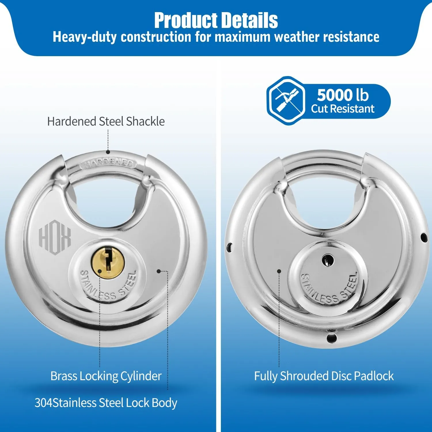 HOX Keyed Disc Padlock, Stainless Steel Keyed-Alike Padlocks, 6-Pack Heavy Duty Locks, Waterproof Outdoors Lock with 3/8 Inch Shackle, 2-3/4 Inch Wide Body, for Hasp Latch, Fences, Storage Locker