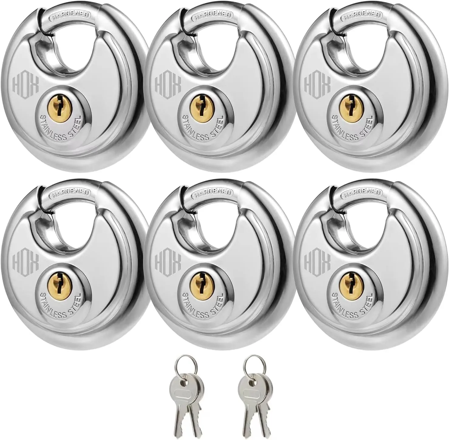 HOX Keyed Disc Padlock, Stainless Steel Keyed-Alike Padlocks, 6-Pack Heavy Duty Locks, Waterproof Outdoors Lock with 3/8 Inch Shackle, 2-3/4 Inch Wide Body, for Hasp Latch, Fences, Storage Locker