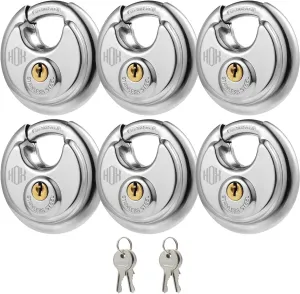 HOX Keyed Disc Padlock, Stainless Steel Keyed-Alike Padlocks, 6-Pack Heavy Duty Locks, Waterproof Outdoors Lock with 3/8 Inch Shackle, 2-3/4 Inch Wide Body, for Hasp Latch, Fences, Storage Locker