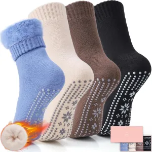 HUGSWEET Thermal Socks, Anti Slip Hospital Socks Women Winter Soft Warm Cozy Fluffy Plush Slipper Grip Sock For 4 Pairs