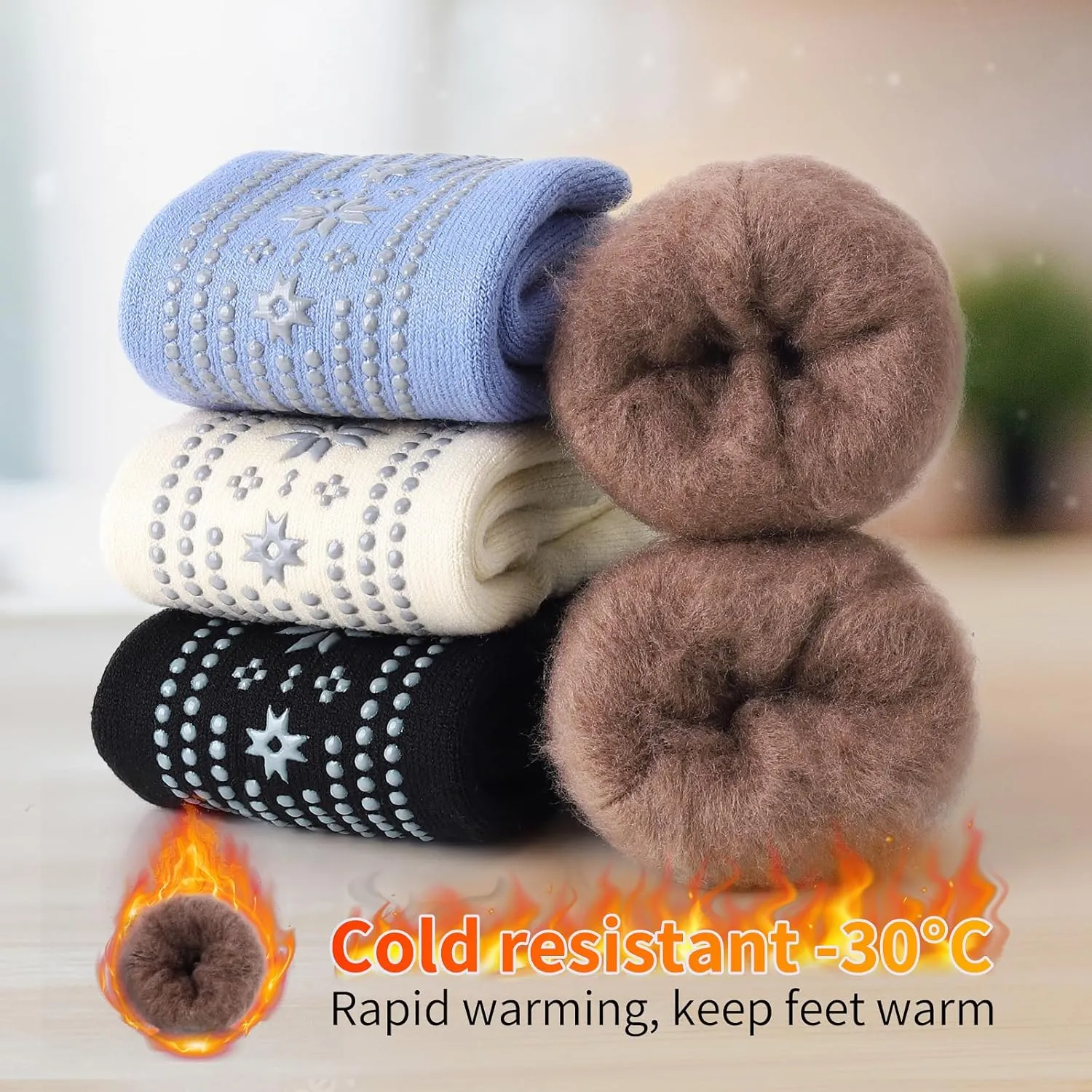 HUGSWEET Thermal Socks, Anti Slip Hospital Socks Women Winter Soft Warm Cozy Fluffy Plush Slipper Grip Sock For 4 Pairs