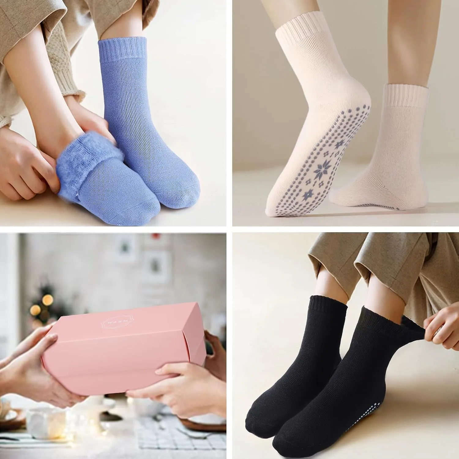 HUGSWEET Thermal Socks, Anti Slip Hospital Socks Women Winter Soft Warm Cozy Fluffy Plush Slipper Grip Sock For 4 Pairs