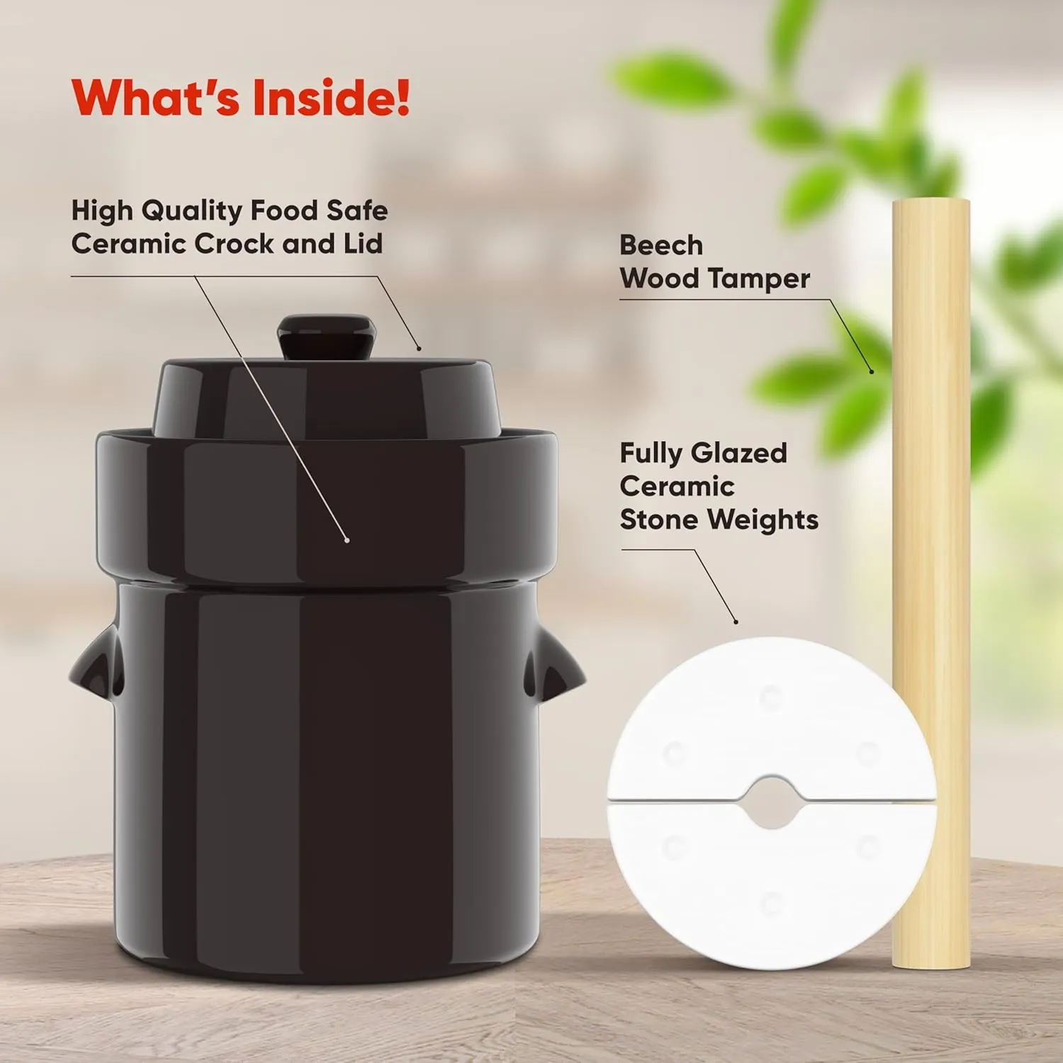 Humble House Fermentation Crock 1/2 Gallon Sauerkrock Sauerkraut Crock with Lid Weights & Pounder - Brown Ceramic Fermenting Crock Kit for Pickling Cabbage Kimchi Vegetables 2 Liter Fermentation Jar