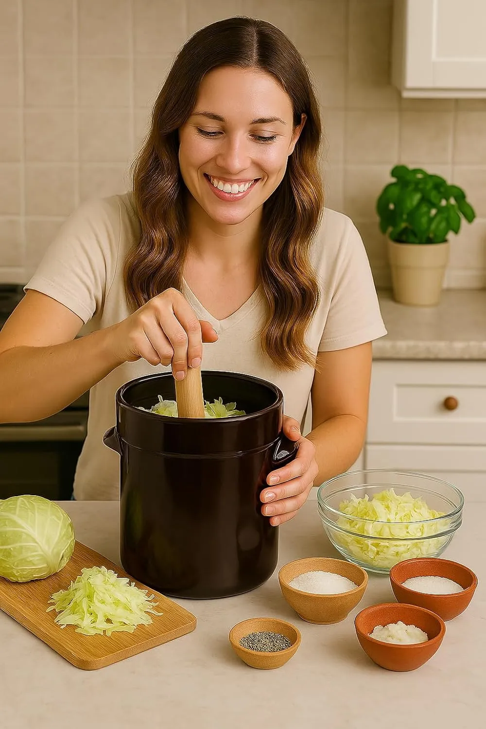 Humble House Fermentation Crock 1/2 Gallon Sauerkrock Sauerkraut Crock with Lid Weights & Pounder - Brown Ceramic Fermenting Crock Kit for Pickling Cabbage Kimchi Vegetables 2 Liter Fermentation Jar