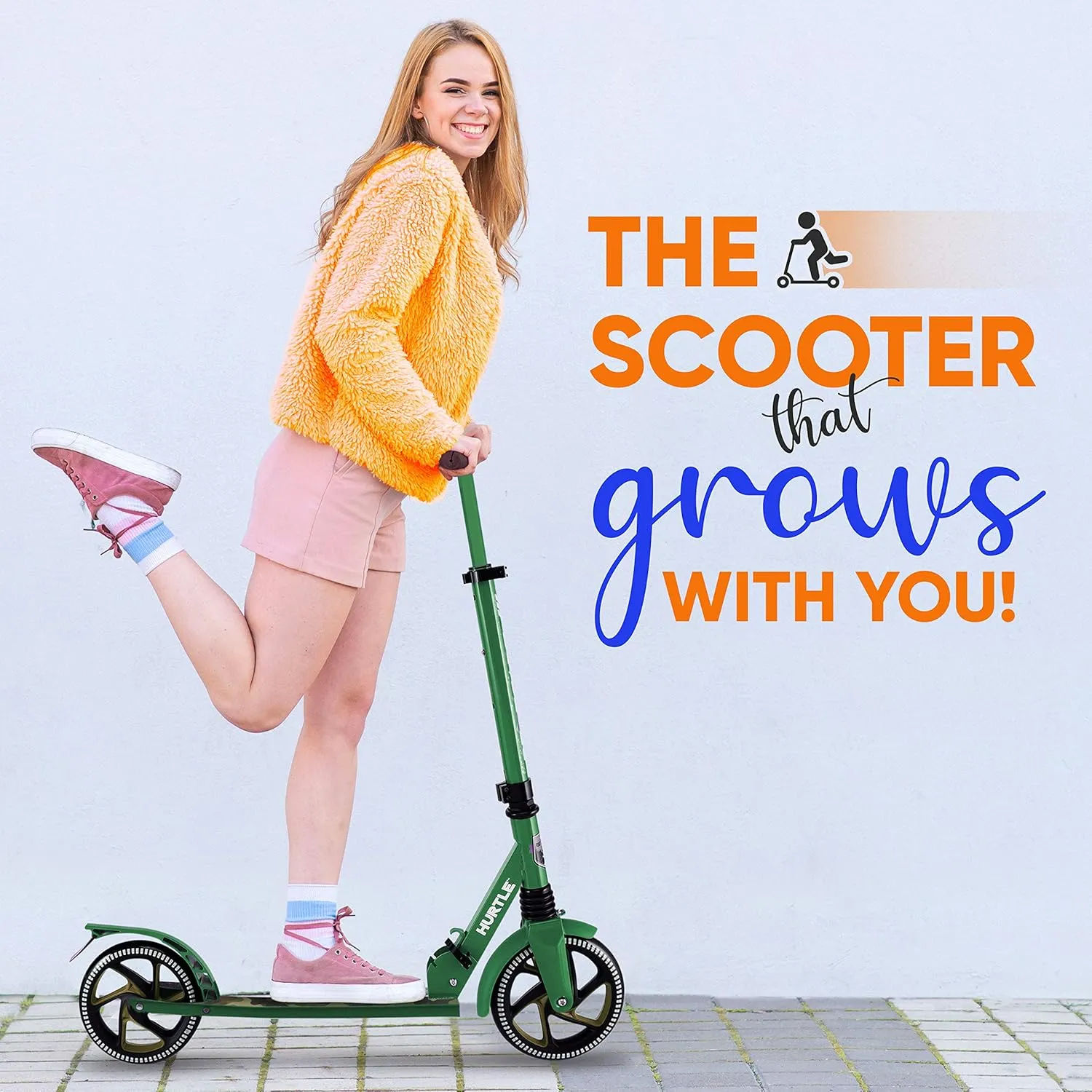 Hurtle Renegade Kick Scooter for Kids, Teenagers & Adults - 2-Wheel Folding Scooter with Adjustable T-Bar Handlebar - Alloy Anti-Slip Deck