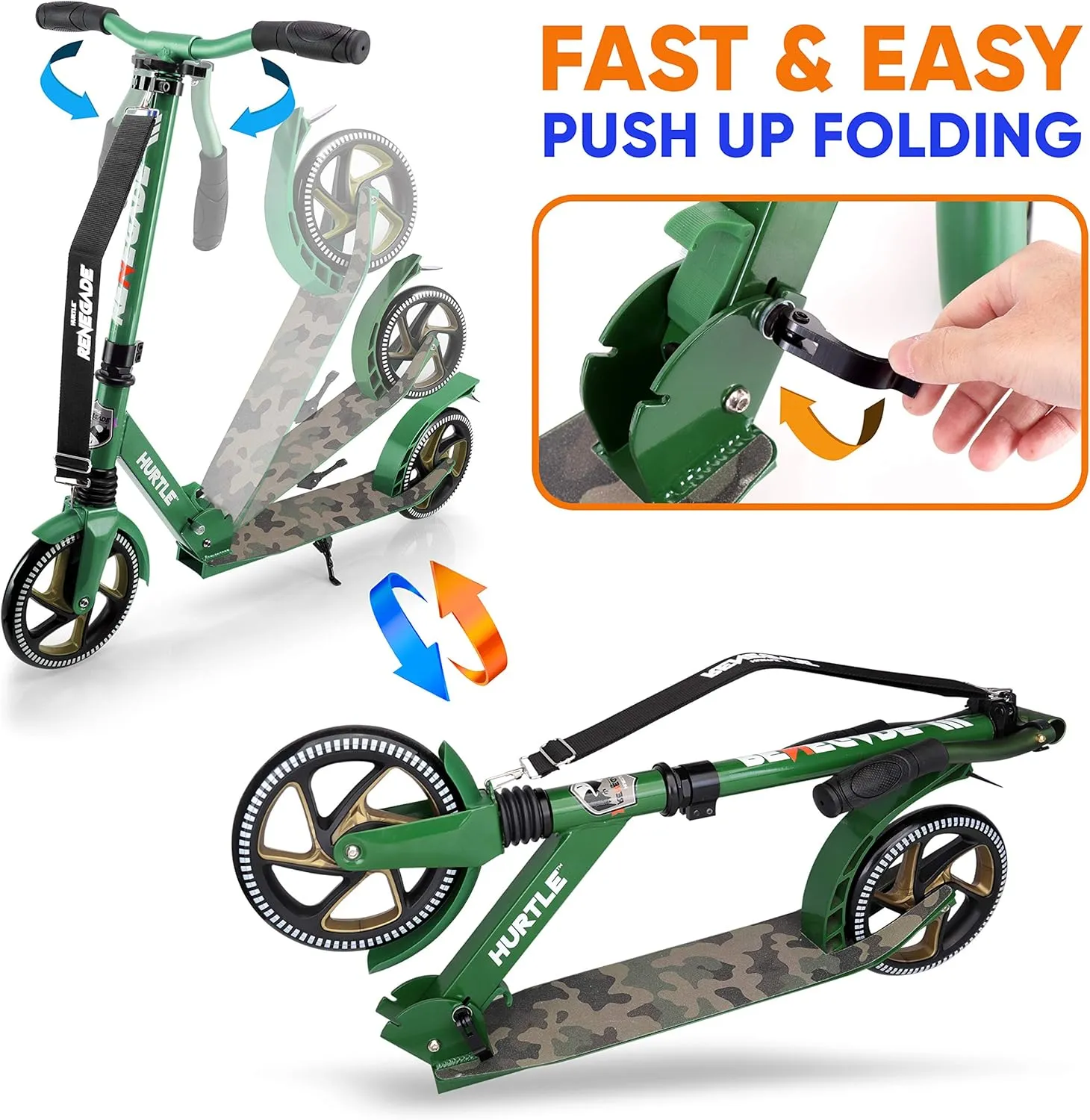 Hurtle Renegade Kick Scooter for Kids, Teenagers & Adults - 2-Wheel Folding Scooter with Adjustable T-Bar Handlebar - Alloy Anti-Slip Deck