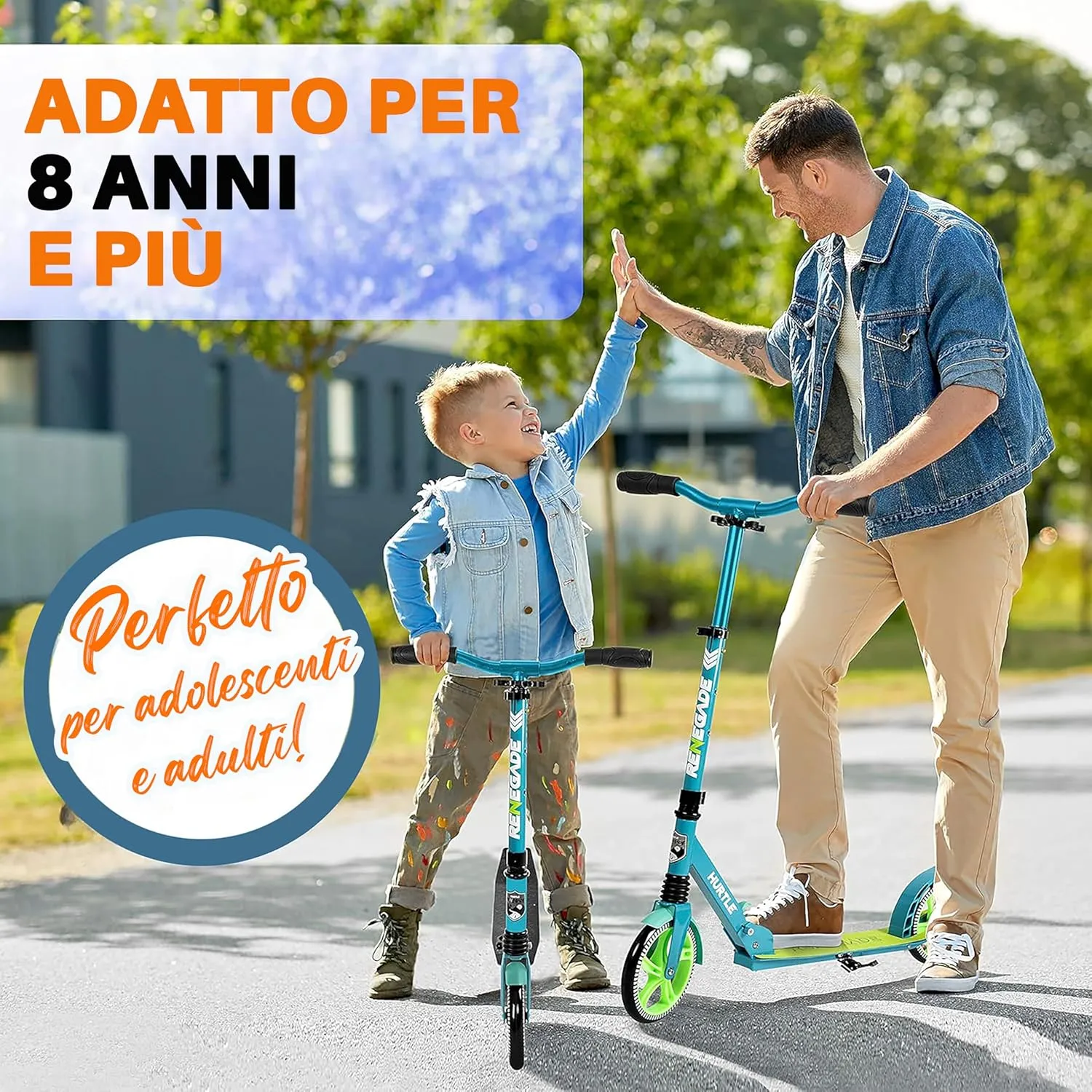 Hurtle Teenager Kick Scooter - 2 Wheel With Adjustable T-Bar Handlebar - Folding Adult With Alloy Anti-Slip Deck - 8" Smooth Gliding Wheels