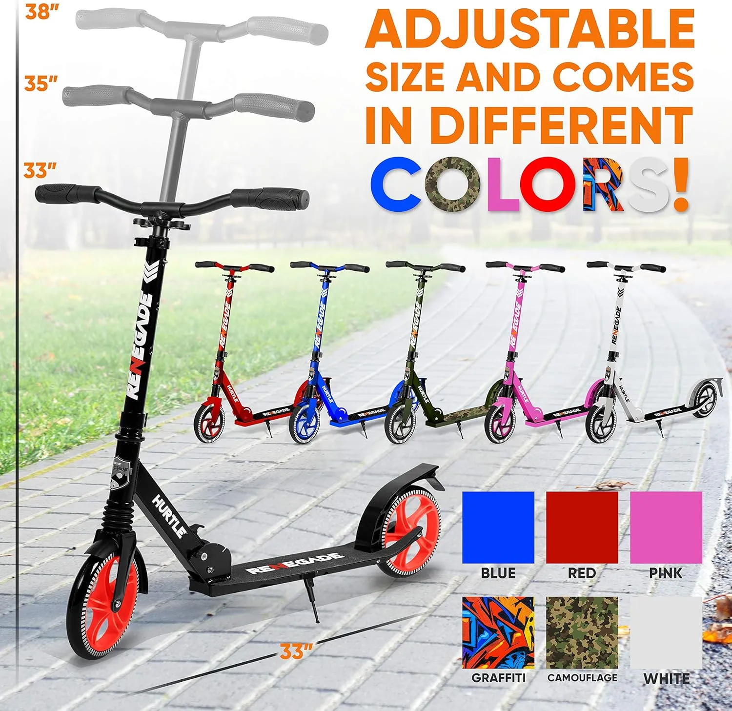Hurtle Teenager Kick Scooter - 2 Wheel With Adjustable T-Bar Handlebar - Folding Adult With Alloy Anti-Slip Deck - 8" Smooth Gliding Wheels