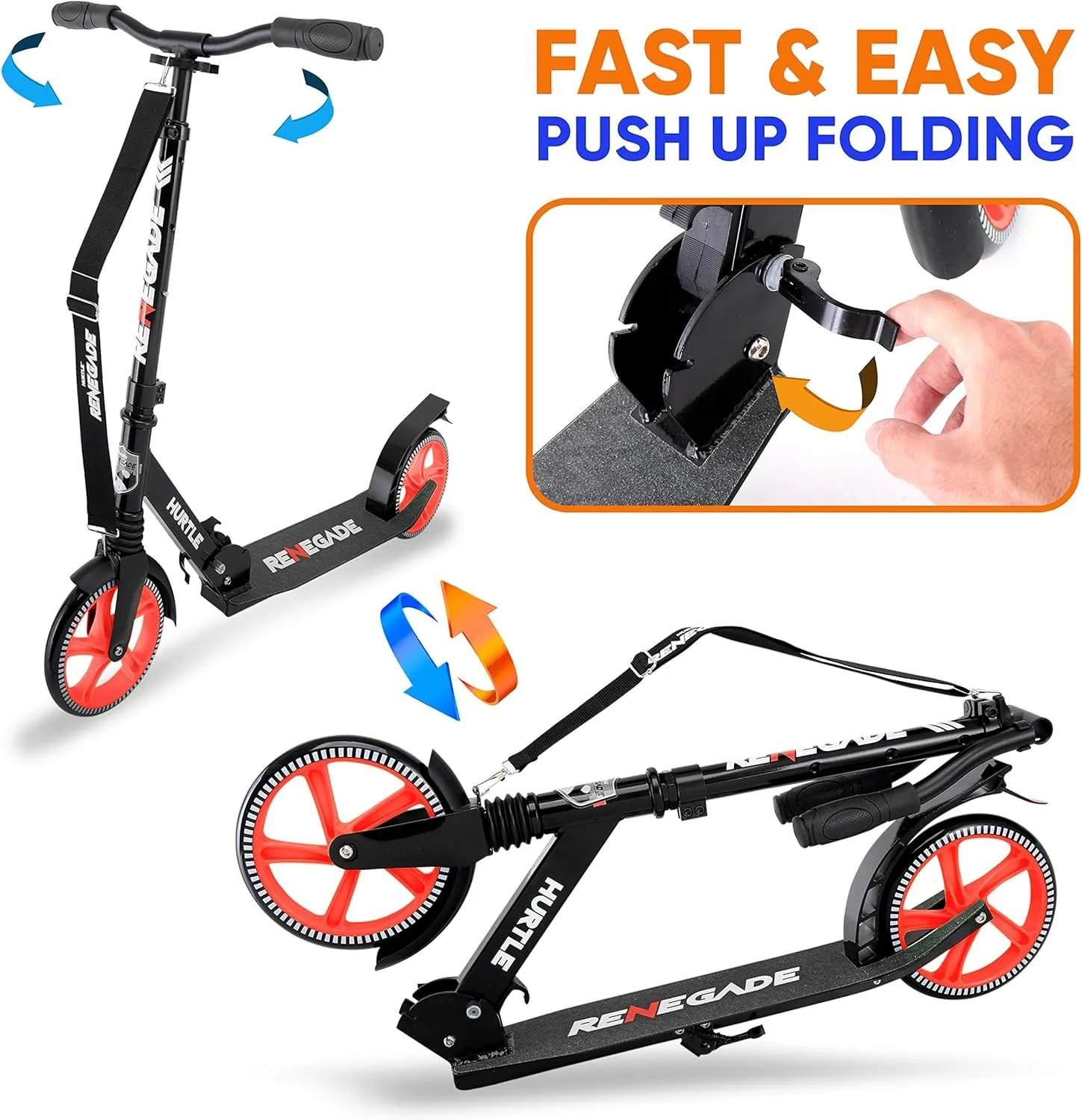 Hurtle Teenager Kick Scooter - 2 Wheel With Adjustable T-Bar Handlebar - Folding Adult With Alloy Anti-Slip Deck - 8" Smooth Gliding Wheels