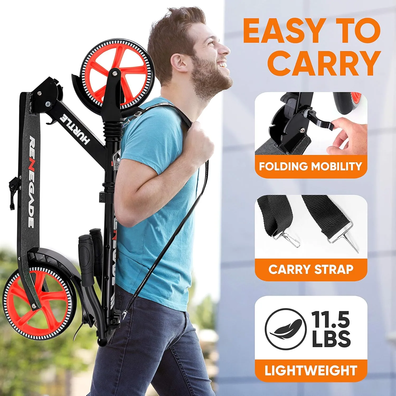 Hurtle Teenager Kick Scooter - 2 Wheel With Adjustable T-Bar Handlebar - Folding Adult With Alloy Anti-Slip Deck - 8" Smooth Gliding Wheels