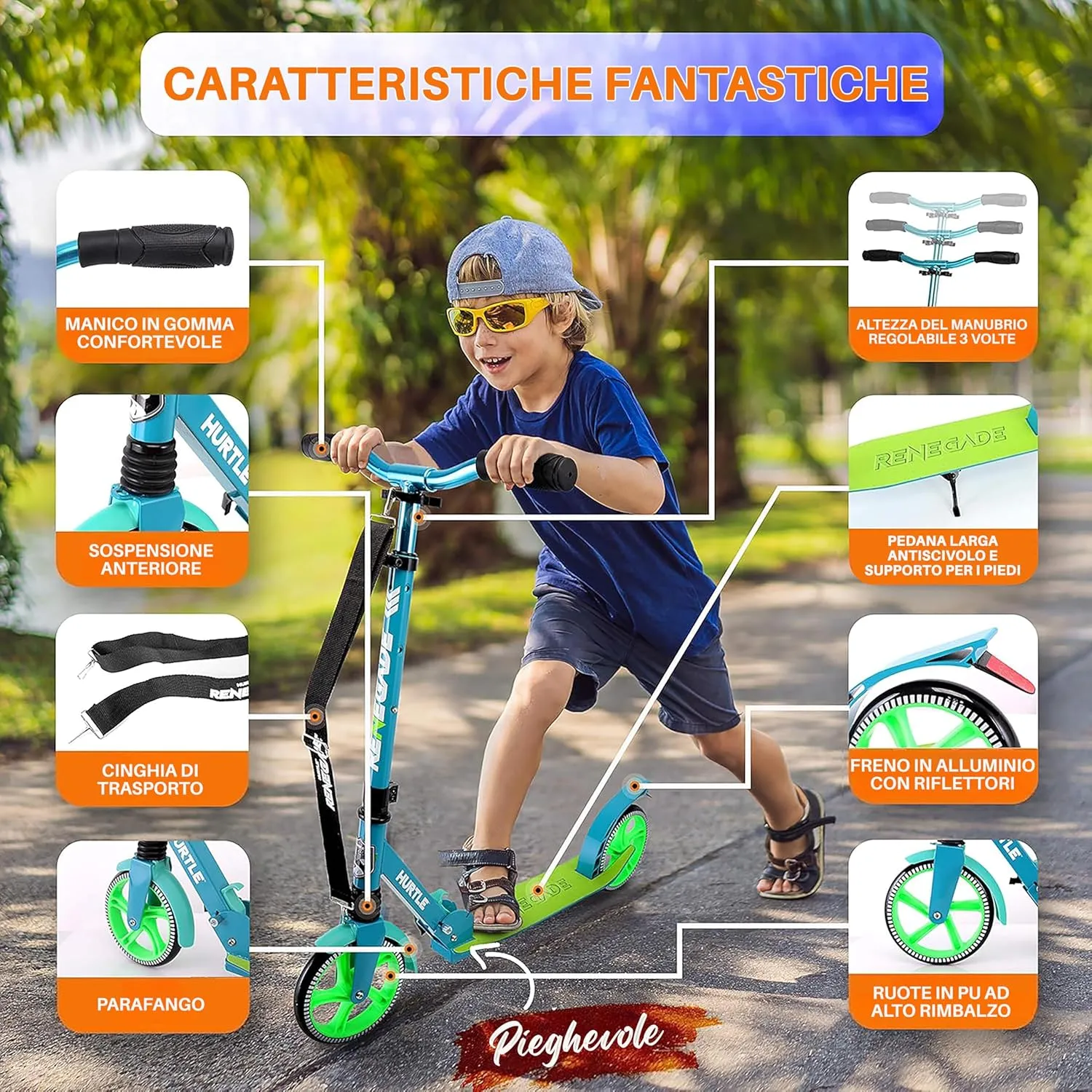 Hurtle Teenager Kick Scooter - 2 Wheel With Adjustable T-Bar Handlebar - Folding Adult With Alloy Anti-Slip Deck - 8" Smooth Gliding Wheels