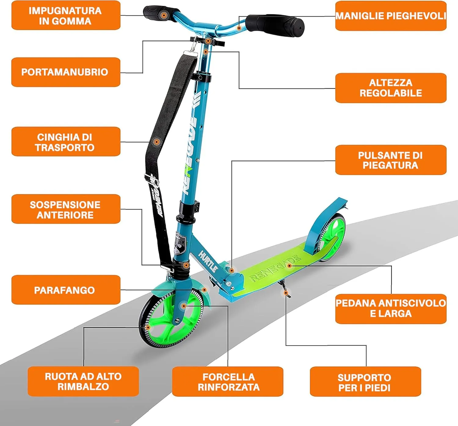 Hurtle Teenager Kick Scooter - 2 Wheel With Adjustable T-Bar Handlebar - Folding Adult With Alloy Anti-Slip Deck - 8" Smooth Gliding Wheels